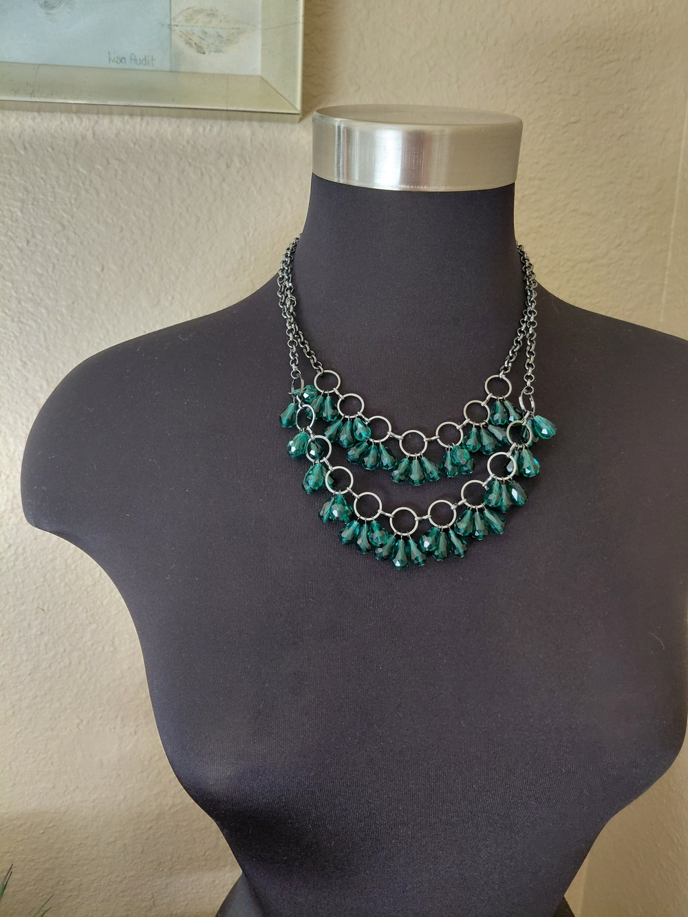 Layered Crystal Statement Necklace Green Gray